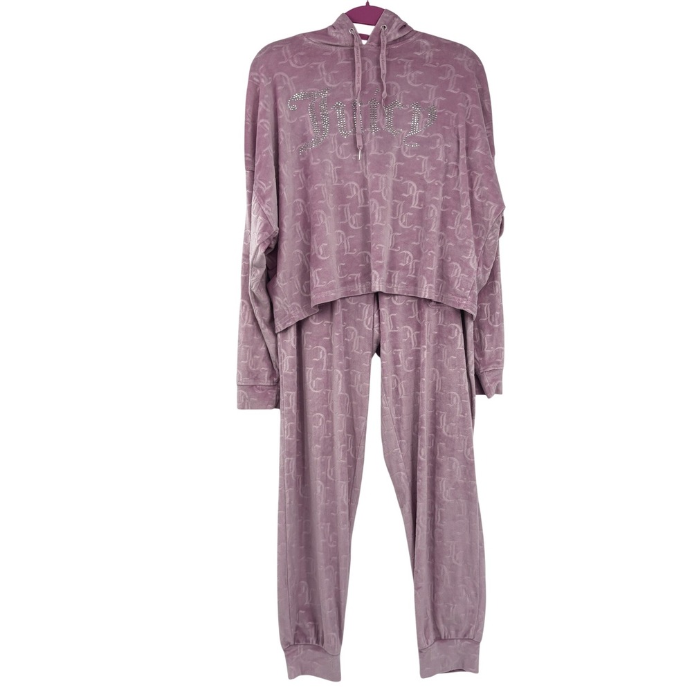 Juicy‎ Couture Pink Velour Monogram Rhinestone Hoodie Jogger Set Small Sleepwear